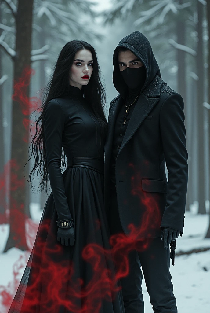 Woman with long wavy black hair full red lips dark grey eyes wearing black high neck dress with red smoke around stands in snowy pine forest next to a man with black smoke black suit short disheveled black hair grey eyes, In the background a hooded man with his face covered, dressed all in black 