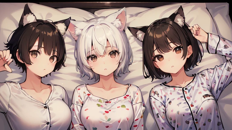 (Printed Polaroid Photo\(3females および3人の女の子 cute,cute,cute　Small wolf ears　Small wolf ears　Small wolf ears　White shorts　Brown short　Black short　Petite　Petite　 Petite　She has big breasts　She has big breasts　She has big breasts　first round　first round　first round　((pajamas　pajamas　pajamas))　Background is inside the bed