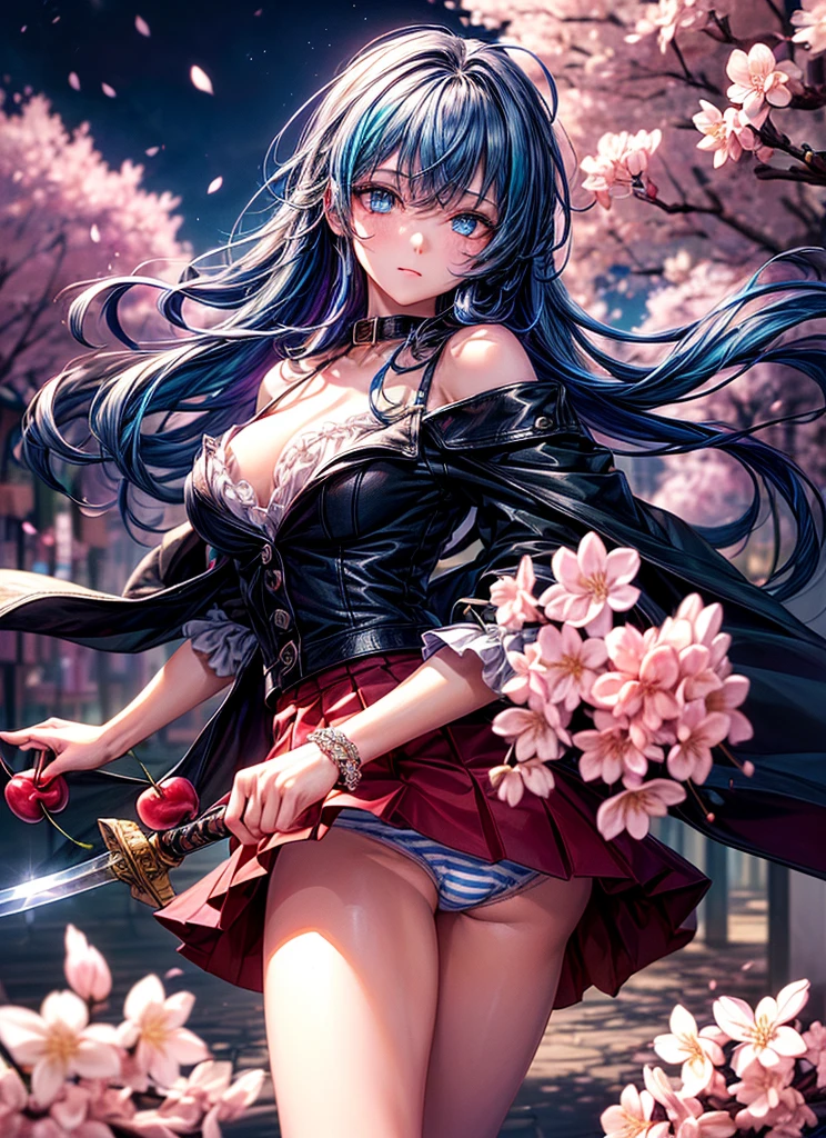 (((masterpiece))),(((Highest quality))),((Very detailed)),(figure),(Dynamic Angle), ((floating)),(paint),((Disheveled Hair)), (alone),(((The skirt is flipped up and the underwear is visible))), ((Girl in black coat)), (((Detailed anima face))),((Beautifully detailed body)),collar,Exposing shoulders,(((Mysterious and shining blue eyes)))Gray Hair, ((Colorful Hair)),((Striped Hair)), Beautiful attention to detail,(Gradient color eyes),(((Colorful eyes))), (((background))),(((High saturation))),(((Surrounded by colorful splashes))),(((Standing in front of the cherry blossoms in the night scenery))),,((Holding a sword))