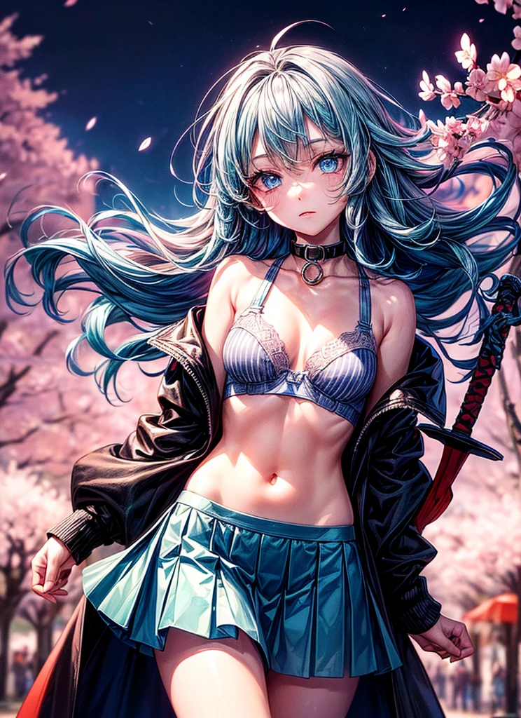 (((masterpiece))),(((Highest quality))),((Very detailed)),(figure),(Dynamic Angle), ((floating)),(paint),((Disheveled Hair)), (alone),(((The skirt is flipped up and the underwear is visible))), ((Girl in black coat)), (((Detailed anima face))),((Beautifully detailed body)),collar,Exposing shoulders,(((Mysterious and shining blue eyes)))Gray Hair, ((Colorful Hair)),((Striped Hair)), Beautiful attention to detail,(Gradient color eyes),(((Colorful eyes))), (((background))),(((High saturation))),(((Surrounded by colorful splashes))),(((Standing in front of the cherry blossoms in the night scenery))),,((Holding a sword))