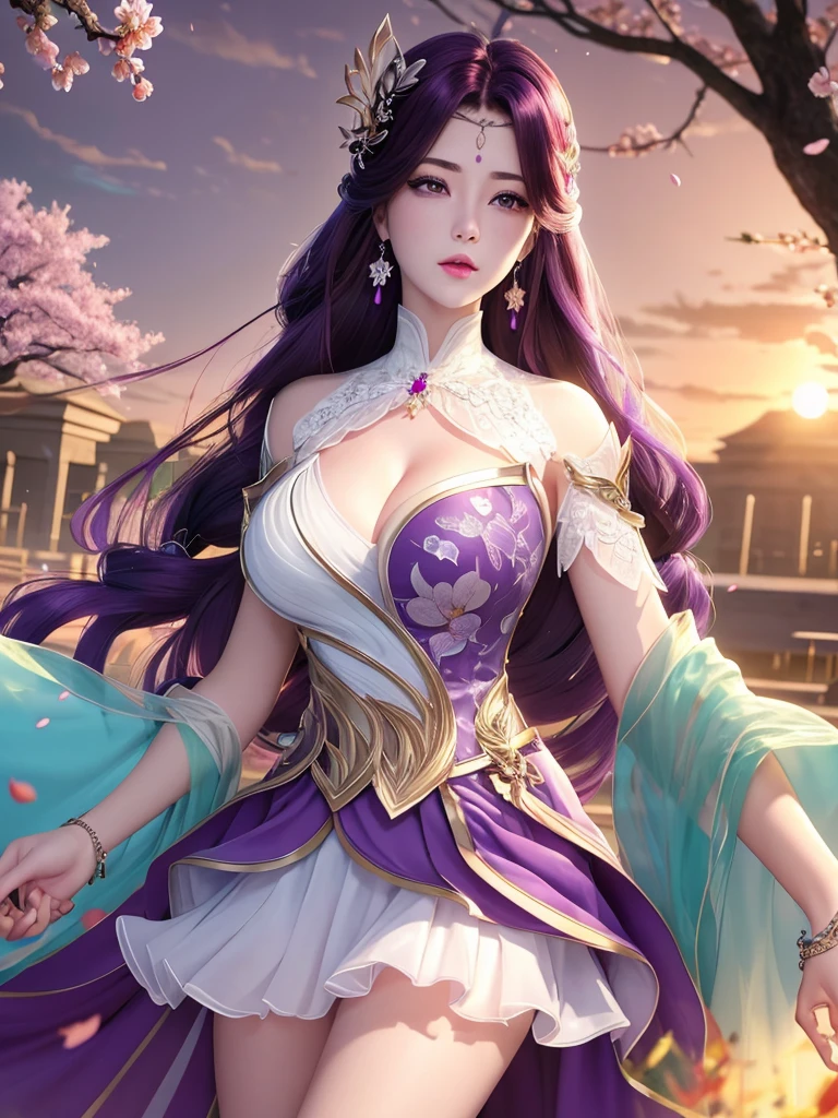 (,1 Girl, Throw,best quality, ) , (((,1 Girl, Solitary, large breast, Looking at the audience, Cherry blossoms,   , purple_hair, purple_Eye, long_hair, breast, Solitary, cloud, Jewelry, skirt, Sunset, Sky ))) Ultra-realistic 8k CG, Flawless, Clean, masterpiece, Professional artwork, Famous Artworks, Movie Lighting, Movie Bloom, Perfect face, Pretty Face, fantasy, Like a dream, illusory, Science fiction, Lace, Lace trim, Lace-trimmed legwear, luxurious, Jewelry, diamond, Kaneko, pearl, gem, 蓝gem, 红gem, emerald, Intricate details, delicate patterned, charming, Tempting, Tempting的, , enchanting, hair ornament, neckLace, earrings, bracelet, armband,Halo,autumn,