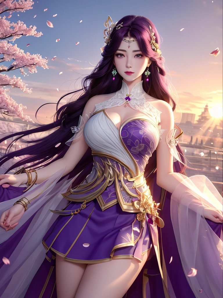 (,1 Girl, Throw,best quality, ) , (((,1 Girl, Solitary, large breast, Looking at the audience, Cherry blossoms,   , purple_hair, purple_Eye, long_hair, breast, Solitary, cloud, Jewelry, skirt, Sunset, Sky ))) Ultra-realistic 8k CG, Flawless, Clean, masterpiece, Professional artwork, Famous Artworks, Movie Lighting, Movie Bloom, Perfect face, Pretty Face, fantasy, Like a dream, illusory, Science fiction, Lace, Lace trim, Lace-trimmed legwear, luxurious, Jewelry, diamond, Kaneko, pearl, gem, 蓝gem, 红gem, emerald, Intricate details, delicate patterned, charming, Tempting, Tempting的, , enchanting, hair ornament, neckLace, earrings, bracelet, armband,Halo,autumn,