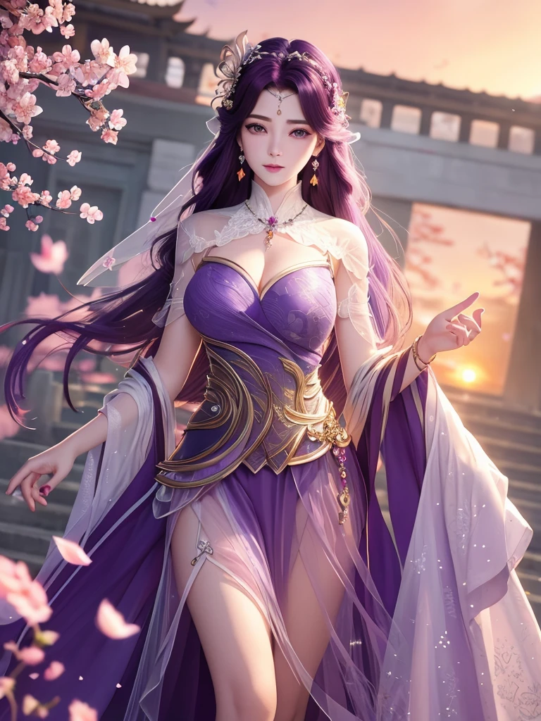 (,1 Girl, Throw,best quality, ) , (((,1 Girl, Solitary, large breast, Looking at the audience, Cherry blossoms,   , purple_hair, purple_Eye, long_hair, breast, Solitary, cloud, Jewelry, skirt, Sunset, Sky ))) Ultra-realistic 8k CG, Flawless, Clean, masterpiece, Professional artwork, Famous Artworks, Movie Lighting, Movie Bloom, Perfect face, Pretty Face, fantasy, Like a dream, illusory, Science fiction, Lace, Lace trim, Lace-trimmed legwear, luxurious, Jewelry, diamond, Kaneko, pearl, gem, 蓝gem, 红gem, emerald, Intricate details, delicate patterned, charming, Tempting, Tempting的, , enchanting, hair ornament, neckLace, earrings, bracelet, armband,Halo,autumn,