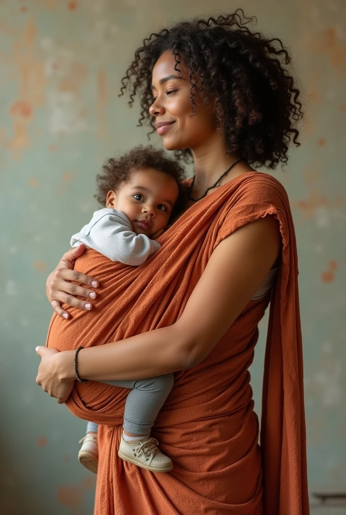 Women wearing cloth in such way that she can carry her child inside her cloth