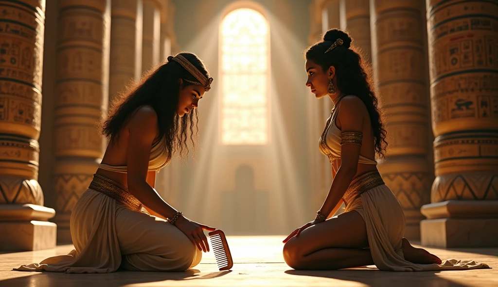 A servant woman picks up a fallen comb in front of the daughter of Pharaoh, set against the backdrop of an ancient Egyptian palace. The scene should be depicted with detailed and realistic elements, capturing the grandeur of the Egyptian royal setting. Use dramatic and cinematic lighting to enhance the atmosphere, with hyper detail and 8k resolution for an ultra sharp and UHD quality image.