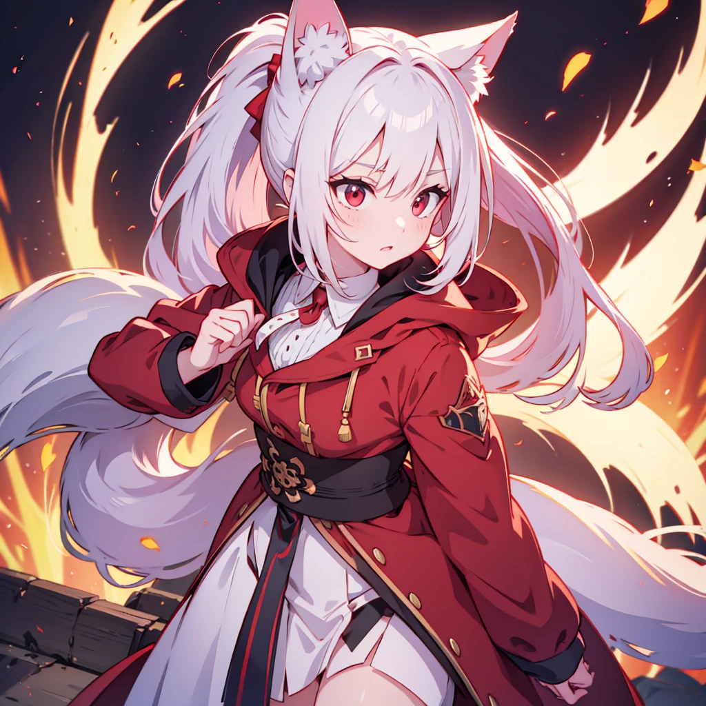 red eyes, white hair, Fox ears,Foxtail, Ponytail, Foxy eyes, Open the neck,