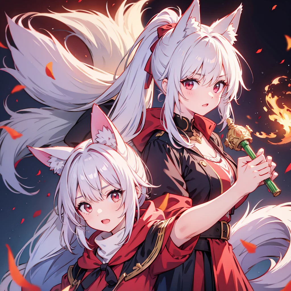 red eyes, white hair, Fox ears,Foxtail, Ponytail, Foxy eyes, Open the neck,