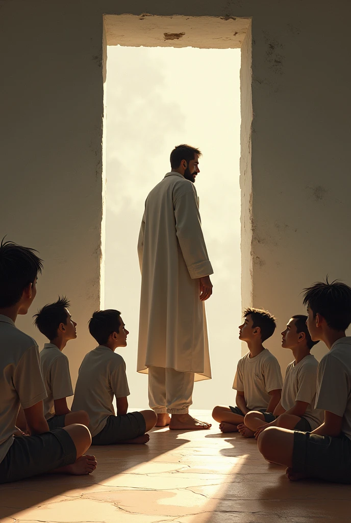 One man stand in room and the boys seat on ground and seeing to the man