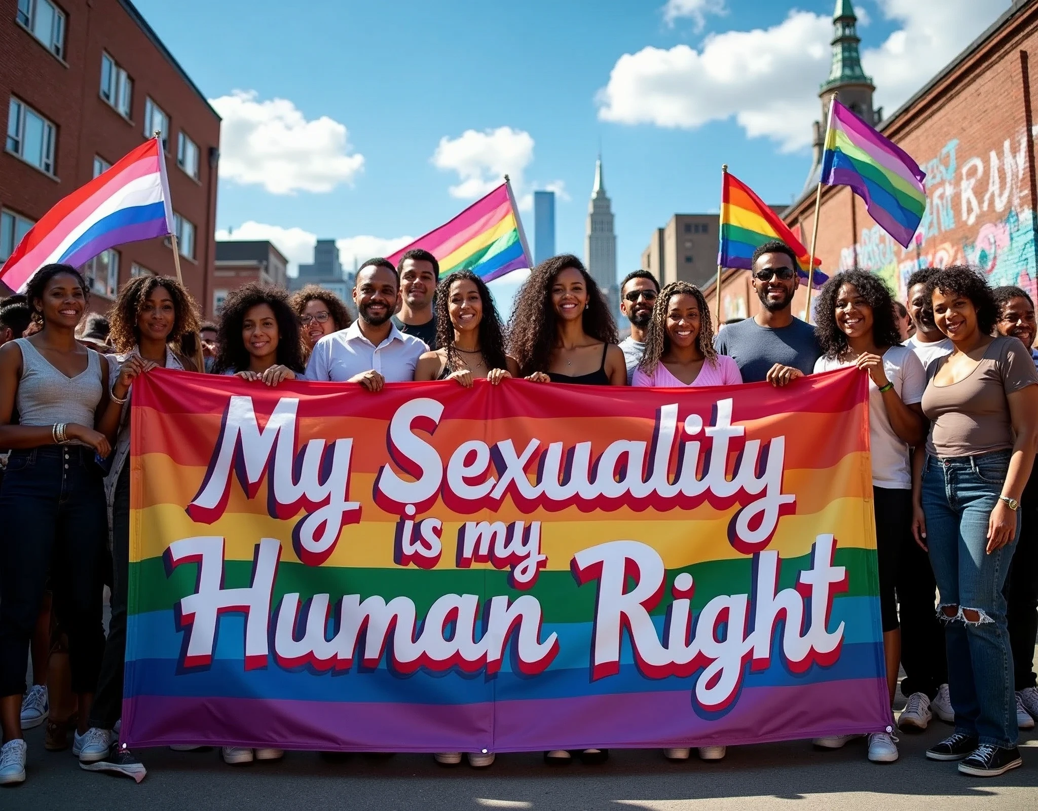 A powerful and striking image of a diverse group of men and women, both Black and white, standing together in solidarity facing the camera. The y are holding a vibrant, 3D cursive message on the protest banner reads "My Sexuality is my Human Right." Rainbow flags and transgender flags flutter in the background against a blue sky and city skyline, emphasizing the LGBTQ+ presence. The atmosphere is filled with pulsating energy, capturing the strength, love, and support that emanates from this inclusive and accepting gathering. The graffiti on the walls around them adds a layer of vibrant color and urban edge, further fueling the sense of unity and activism., vibrant, graffiti