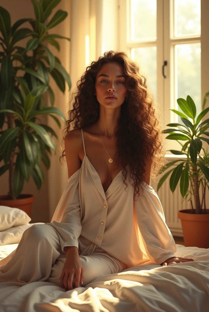 (photorealism:1.2), beautiful woman, sitting on bed, wearing loose off-shoulder top, pajama pants, long curly hair, indoors, soft lighting, plants in background, window with sunlight, cozy room, relaxed pose, realistic, intricate details, warm colors, by Greg Rutkowski, by Alphonse Mucha