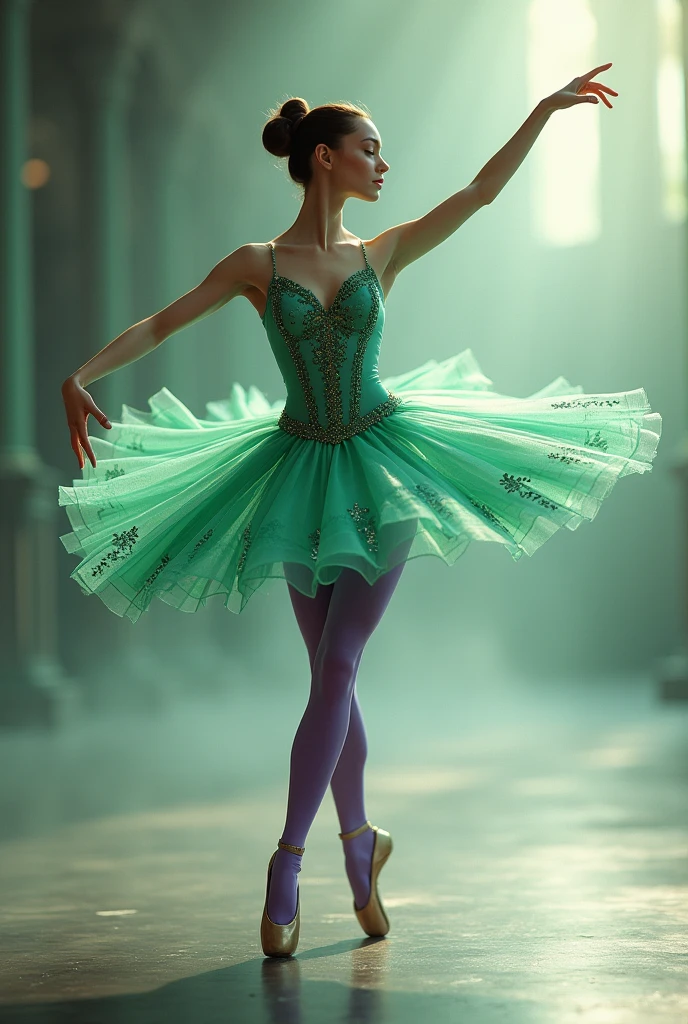 Green balanchine style tutu with purple tights 