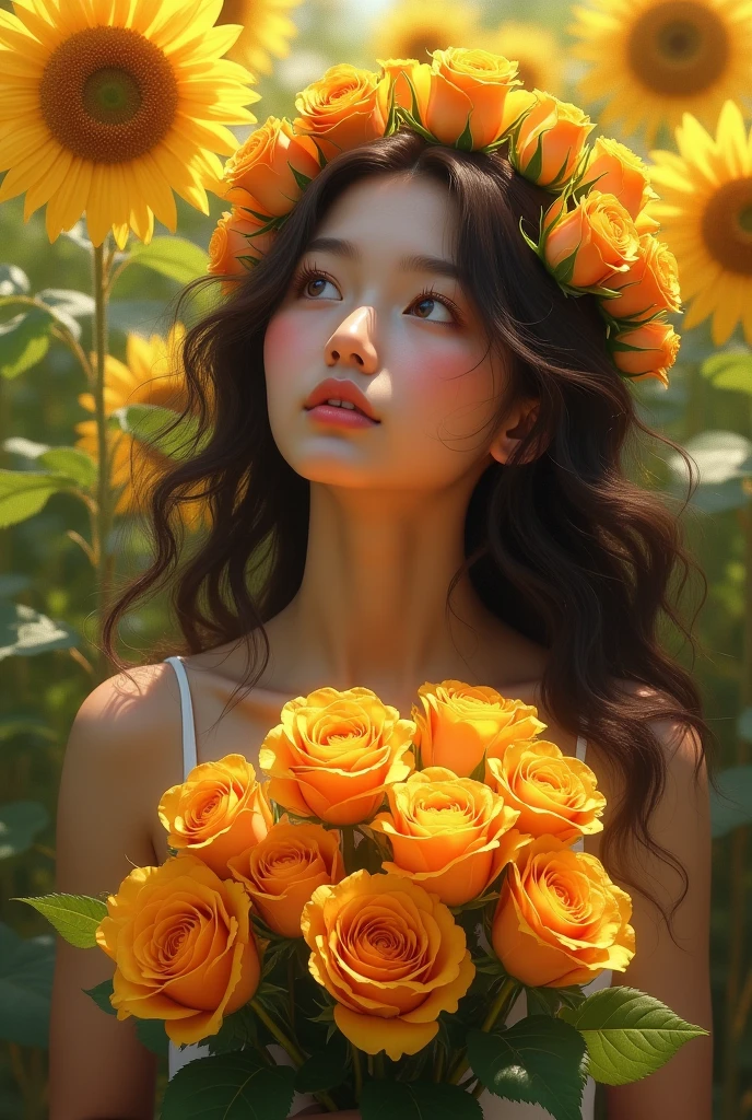 A beautiful girl with a bouquet of roses in her hand and a bouquet of roses in her hair is standing in a sunflower garden and looking up at the sky.