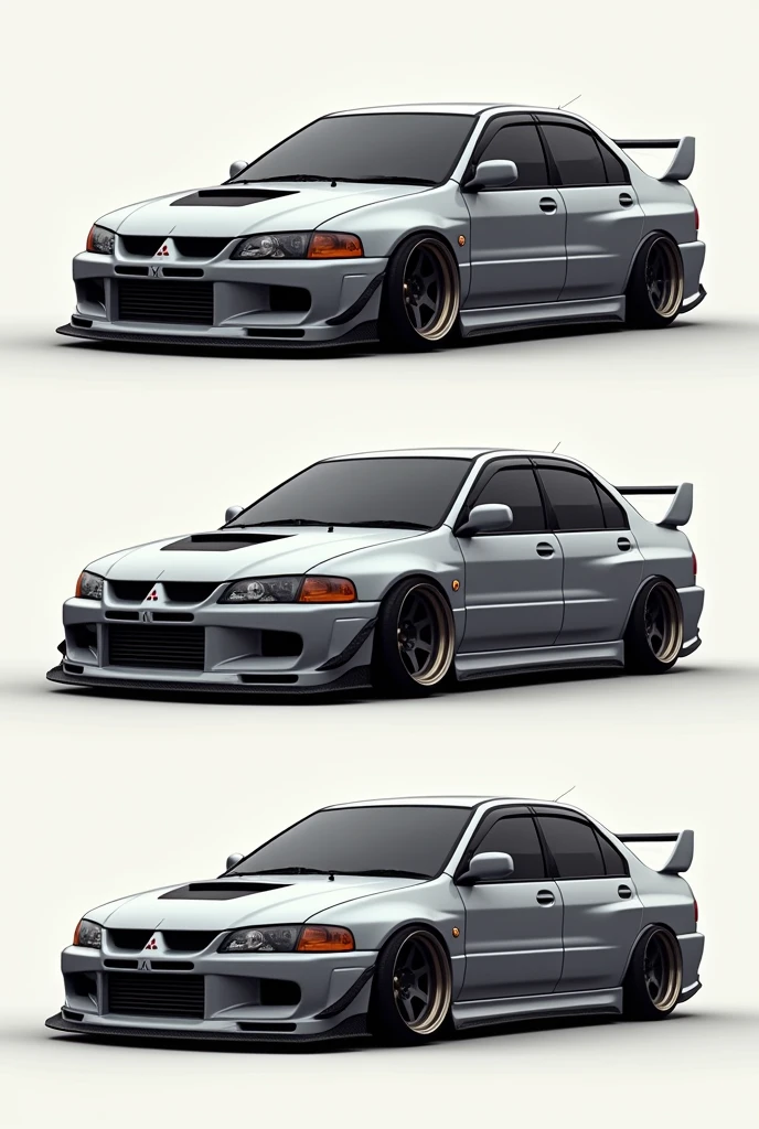 Mitsubishi lancer 1998 model. Make a sporty version. Create another version with a color grey. Render the image at 4 angles.l, showing front view, right side view, back view, and isometric view