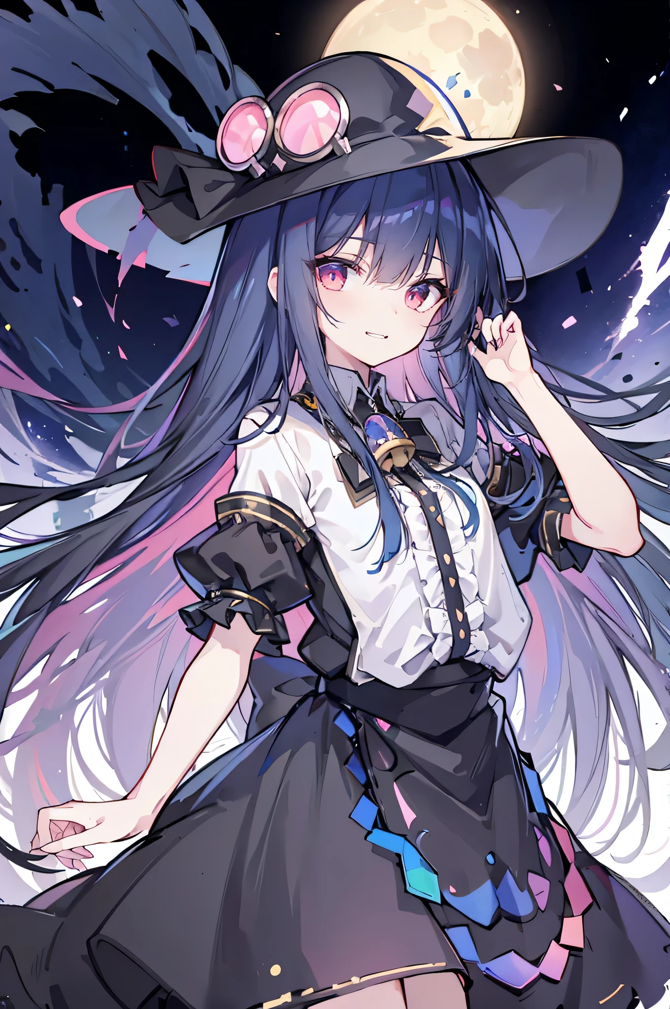 oung Girls,Humanity,A magician always smiles,big witch hat,cute,dark blue long hair,The eyes are dull,The bangs are heavy,Thin eyebrows,fantasy,intake,Double teeth,Star Theme,Constellation pattern,Solid color clothetal decoration,cloak,A bit of a dark atmosphere,A little crazy smile,When the big moon shines outside at night,blood,Hair black star embellishment,Short tie,No nails,High waist skirt,Bell sleeves,Long-sleeved shirt,Black tie,low risk,gentlemen。Mist、Yellow and white effect，Shocking pink as an accent color