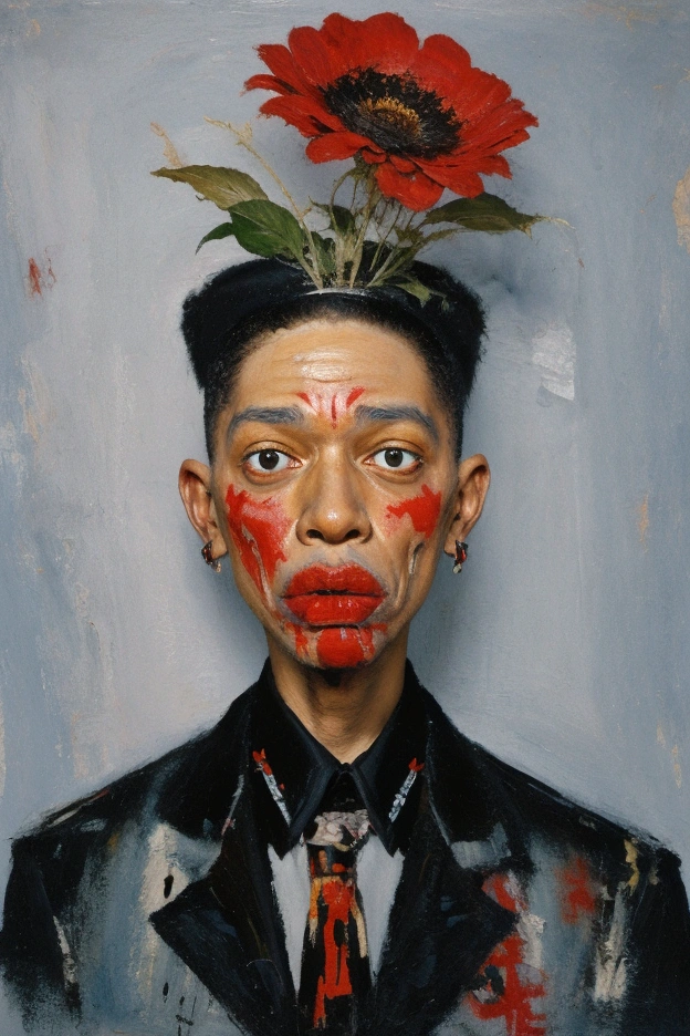 ** flat oil painting depicting a bald albino old man, "big mouth", crazy look, "with a red flower in his hand", "big head and long thin neck", "black night studded with stars", graffiti by Jean-Michel Basquiat.**black background and stars