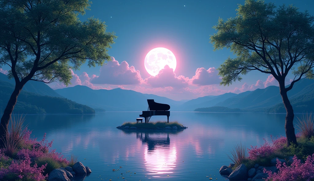 「Under the full moon、The green leaves of the trees are illuminated by the moonlight from both sides.、Scene of flowers blooming on the lake。The full moon and pink clouds are beautifully reflected in the lake.、Mountains in the distance々is seen as a silhouette。The overall scenery has a fantastic and romantic atmosphere.。A black grand piano sits on the island in the middle of the lake, illuminated by the moonlight.、