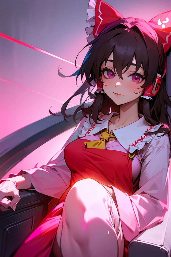 Reimu Hakurei from the Touhou Project wearing a pink glowing headset、Sitting in a mechanical chair