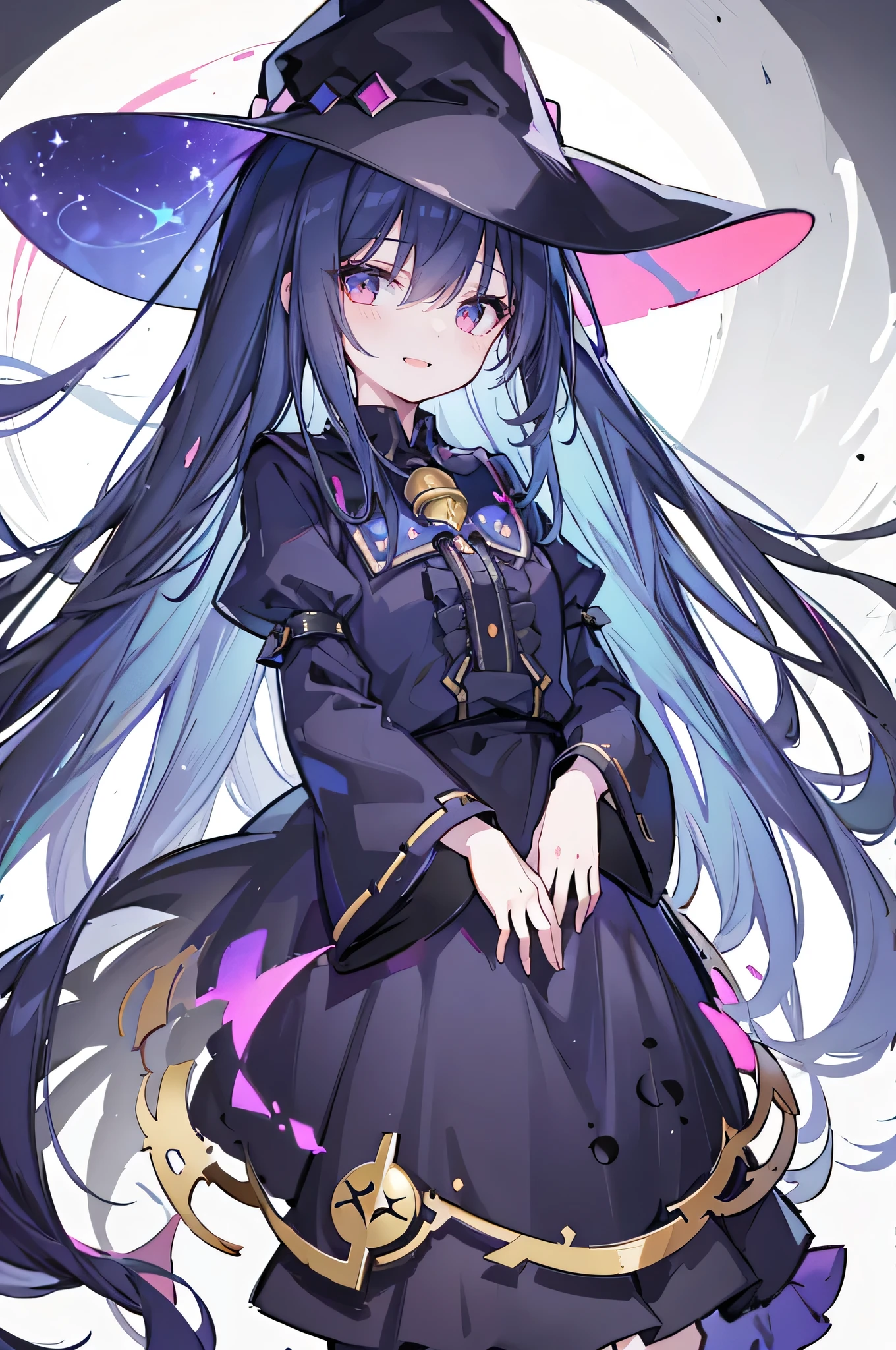 oung Girls,Humanity,A magician always smiles,big witch hat,cute,dark blue long hair,The eyes are dull,The bangs are heavy,Thin eyebrows,fantasy,intake,Double teeth,Star Theme,Constellation pattern,Solid color clothetal decoration,cloak,A bit of a dark atmosphere,A little crazy smile,When the big moon shines outside at night,blood,Hair black star embellishment,Short tie,No nails,High waist skirt,Bell sleeves,Long-sleeved shirt,Black tie,low risk,gentlemen。Mist、Yellow and white effect，Shocking pink as an accent color