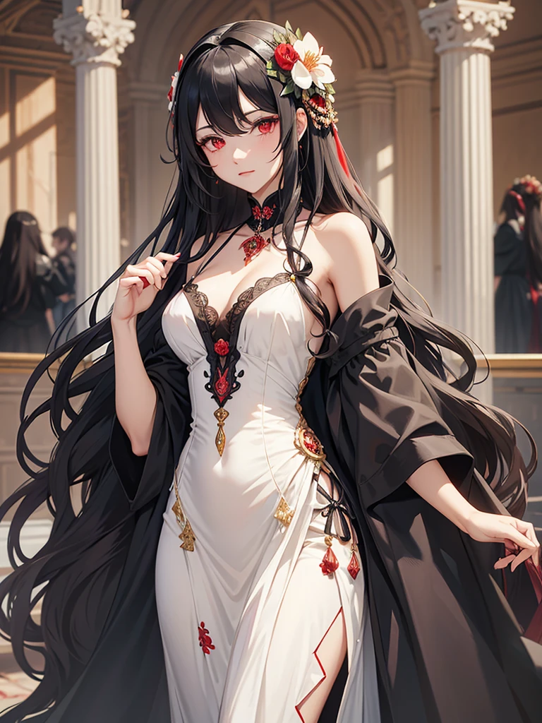 woman, red eyes, black long wavy hair, noble, wearing flower on her head. background in mansion. wearing flower decorations on the sides of her hair. wear fancy western dress. she is Princess