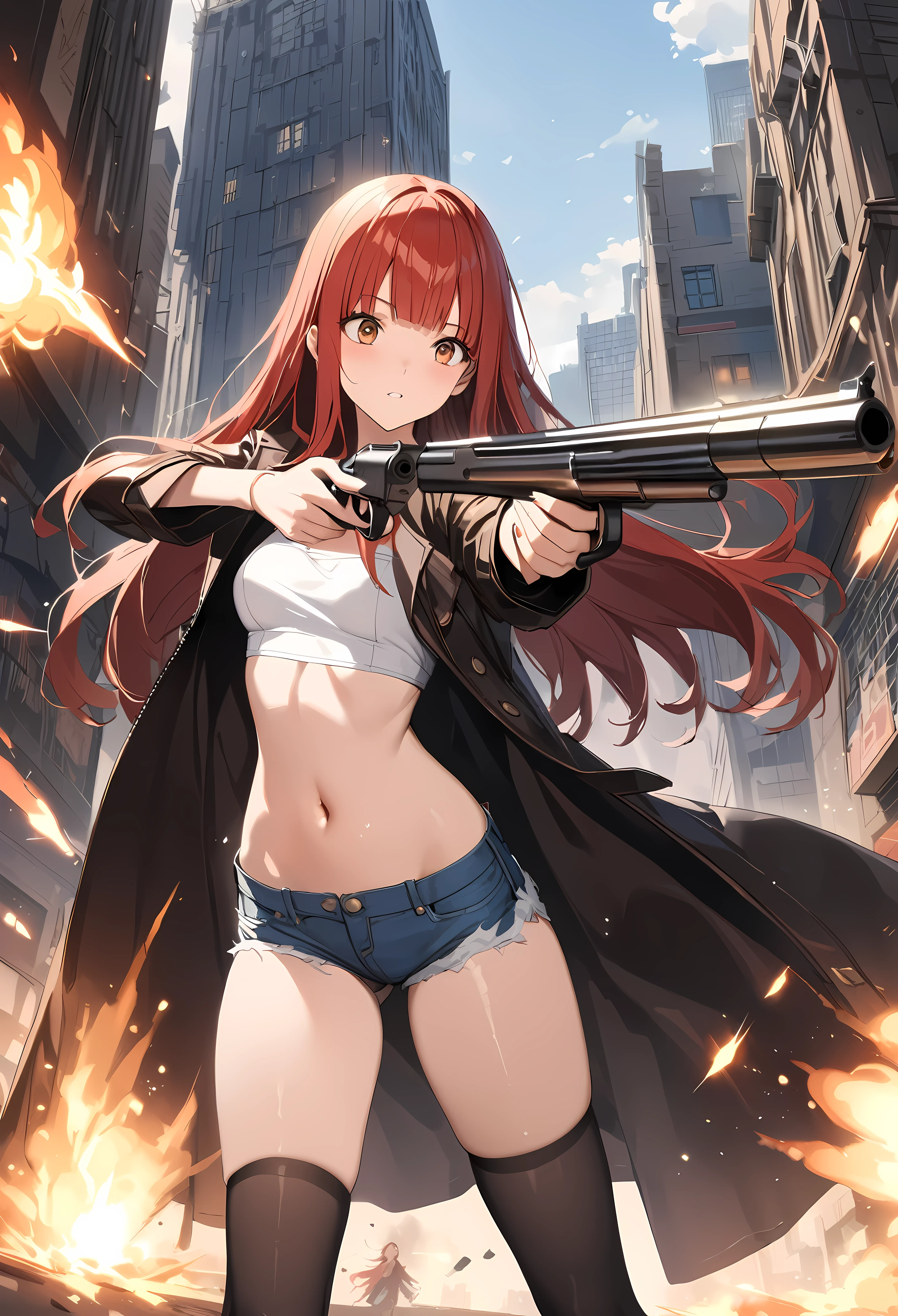 Gun action scene、Gunfight、((masterpiece,best quality anime,Highest quality:1.3)),realistic,cowboy shot,(25 year old beauty), gunslinger ,1woman,solo,((very small head:1.4)),((very long body:1.3)),red hair,bangs,straight long hair,gorgeous big eyes,brown eyes,Bullish expression、(Black long coat),Wearing a white tube top shirt under the coat,navel、(denim micro shorts、black_thighhighs),((slender body:1.3,skinny)),small breasts,(Shoot a gun:1.3,Firing stance),gleaming skin,shiny skin,Holding a gun in hand,revolver、Western cityscape、The World of Westerns、
