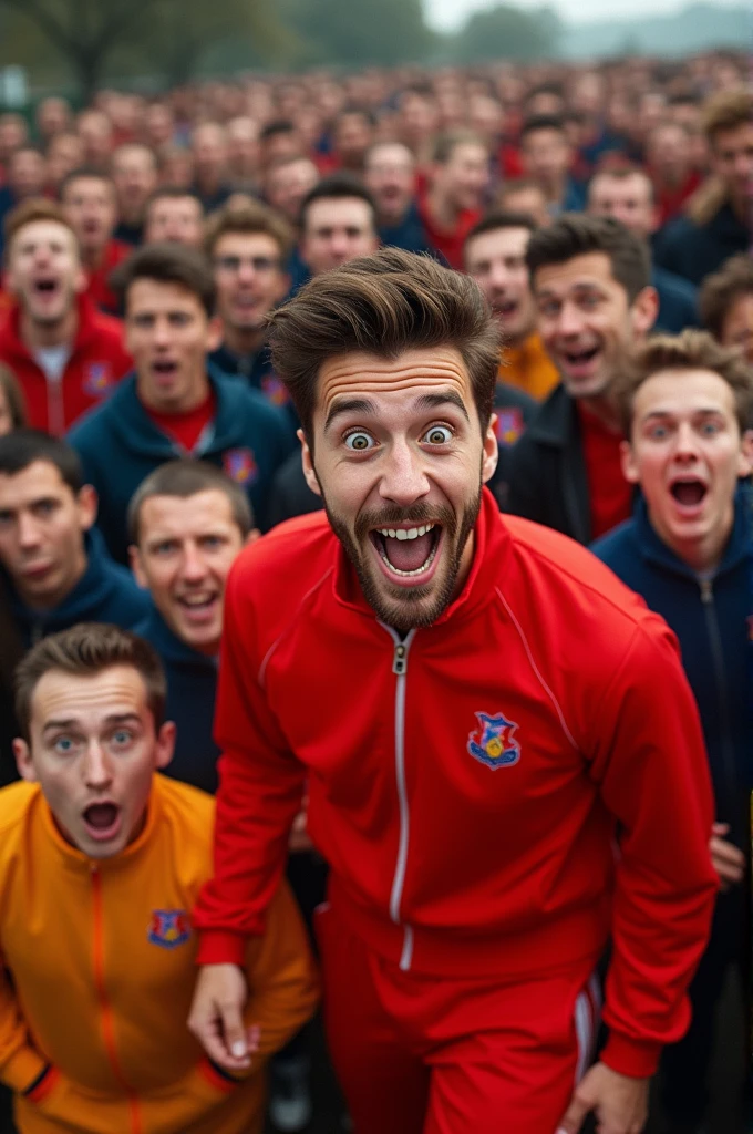 A dynamic, chaotic group photo featuring a diverse mix of people, all wearing colorful tracksuits. The central figure in a red tracksuit has a wide-eyed, exaggerated facial expression, while others around him show various intense, humorous, or surprised reactions. The background is blurred, emphasizing the emotions and expressions of the crowd, creating a vibrant and energetic scene full of personality and excitement."