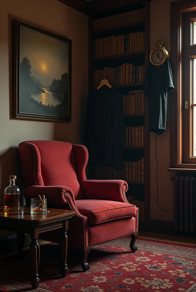 I create a visual of a room like a mafia boss's office. There should be a table in front of the armchair, a bottle of whiskey and a full glass of cigars on the table, the cigars should be visible with the top open. There should be a half-smoked lit cigarette in an ashtray. There should be a clock on the right wall of the room. There should be a Roman numeral clock that says 09-10. The library should be on the right side of the armchair and behind it. There should be a window next to the library. On the left wall of the room, a short-sleeved black shirt should be hung on a nail on the wall with a hanger. On the side of the lake, there should be a painting that resembles blood, graves and death. The theme of the room should be a bit cult, a bit medieval, a bit Florence, France themed mafia room. It could also resemble an office.