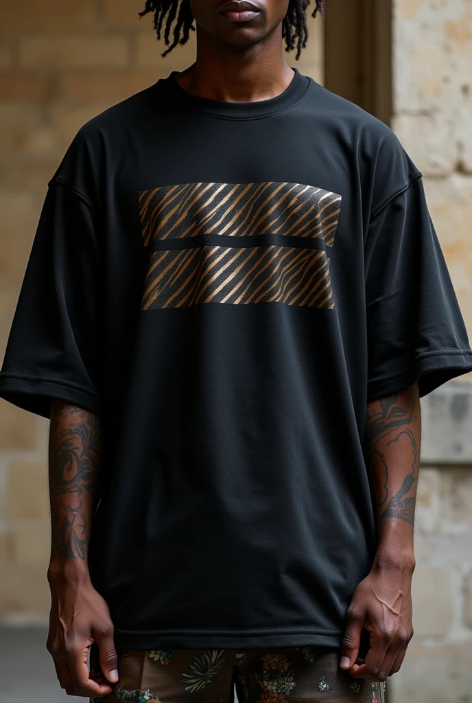 Fashion editorial style Design Details: Classic stripe patterns from the 70s, integrated with modern metallic elements.... High fashion, trendy, stylish, editorial, magazine style, professional, highly detailed, oversize tshirt mockup color black , men style streetwear by Virgil Abloh
