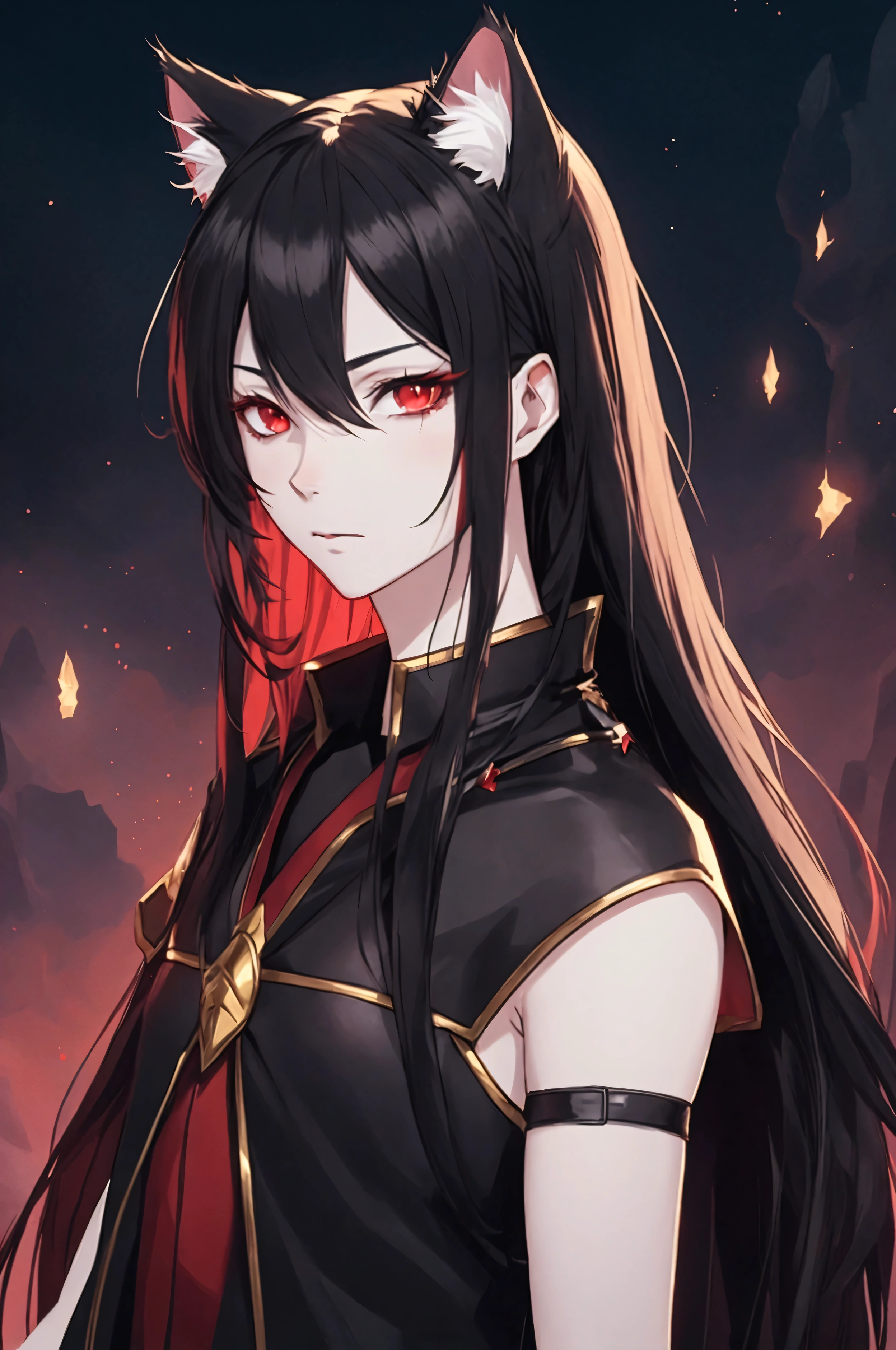 Male, solo, fluffy cat ears, cat tail, black hair, very long hair, red eyes, pale skin, fantasy clothing, anime, top quality, ultra definition, Illustration, high resolution, fantasy background