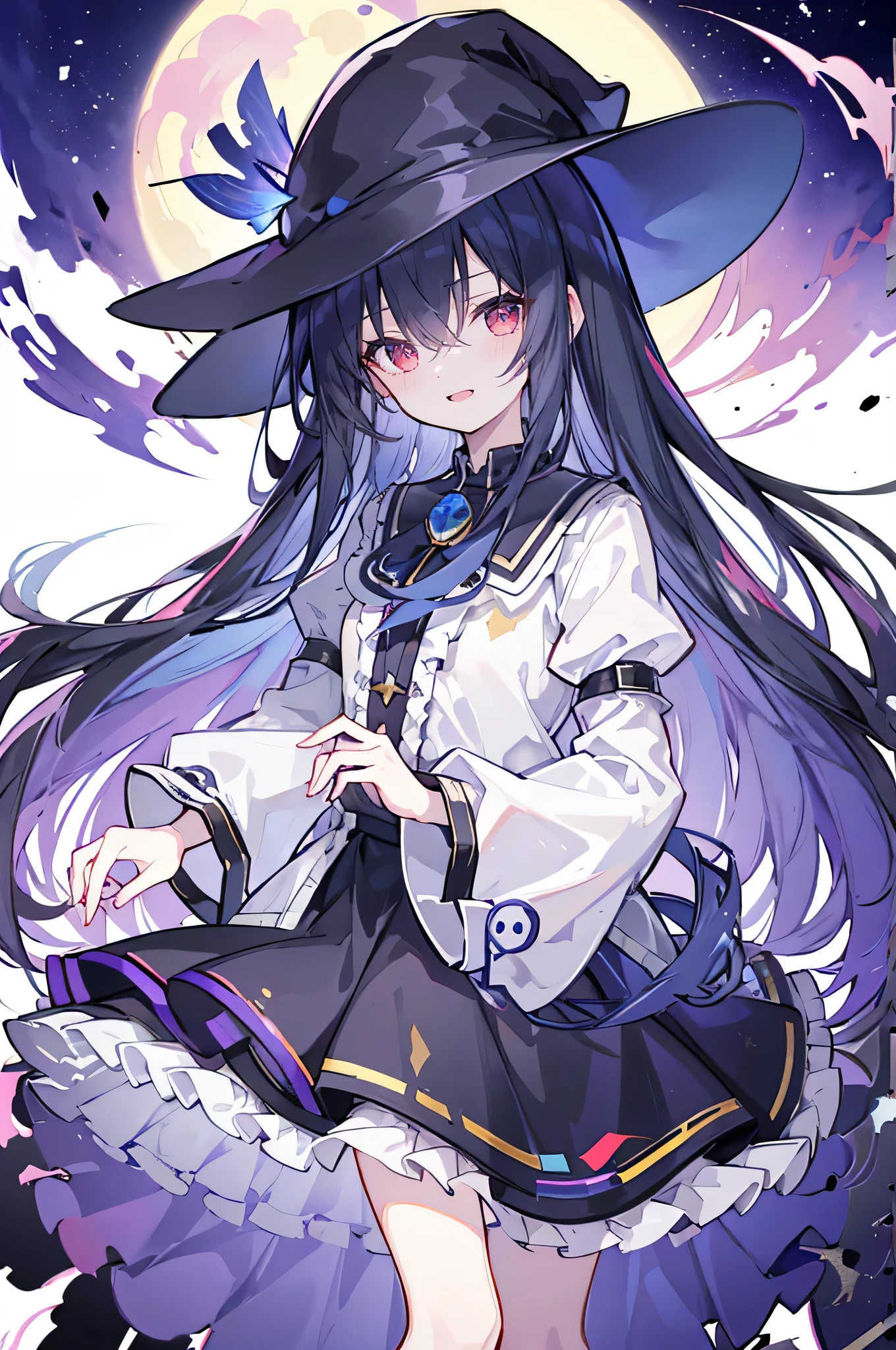 oung Girls,Humanity,A magician always smiles,big witch hat,cute,dark blue long hair,The eyes are dull,The bangs are heavy,Thin eyebrows,fantasy,intake,Double teeth,Star Theme,Constellation pattern,Solid color clothetal decoration,cloak,A bit of a dark atmosphere,A little crazy smile,When the big moon shines outside at night,blood,Hair black star embellishment,Short tie,No nails,High waist skirt,Bell sleeves,Long-sleeved shirt,Black tie,low risk,gentlemen。Mist、Yellow and white effect,Shocking pink as an accent color