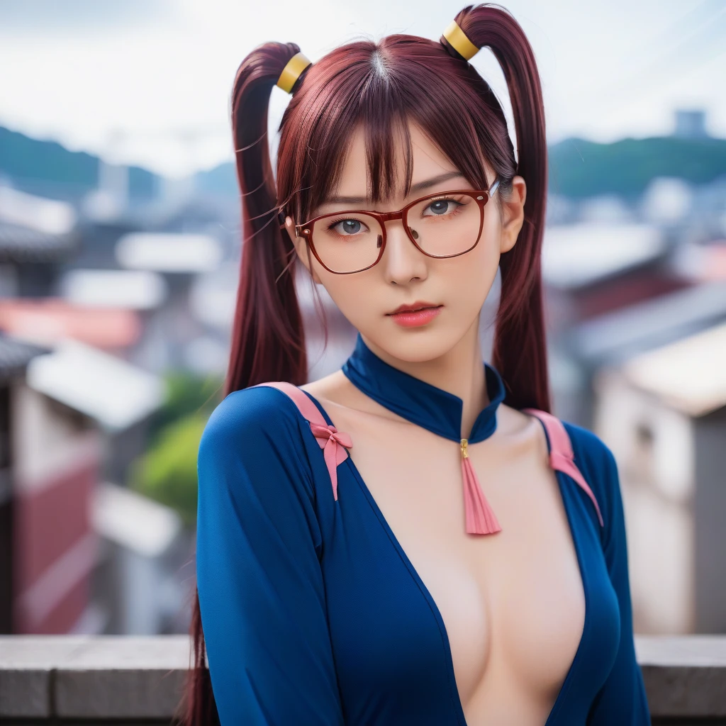 Medium close-up realistic 8K raw photography, (Captivating makinami mari illustrious portrait:1.3), Balanced composition, Piercing gaze, Intricate attire, (Emotive expression:1.2), Urban cityscape background, Contrasting colors, (Soft natural light:1.3), Shot with a Nikon D850, Nikkor 85mm f/1.4 lens, Crisp details, Realistic skin tones, Emotional depth, Glasses, Headband Blue, Twin tails,Bodysuits, ピンクのBodysuits,Plug Suit