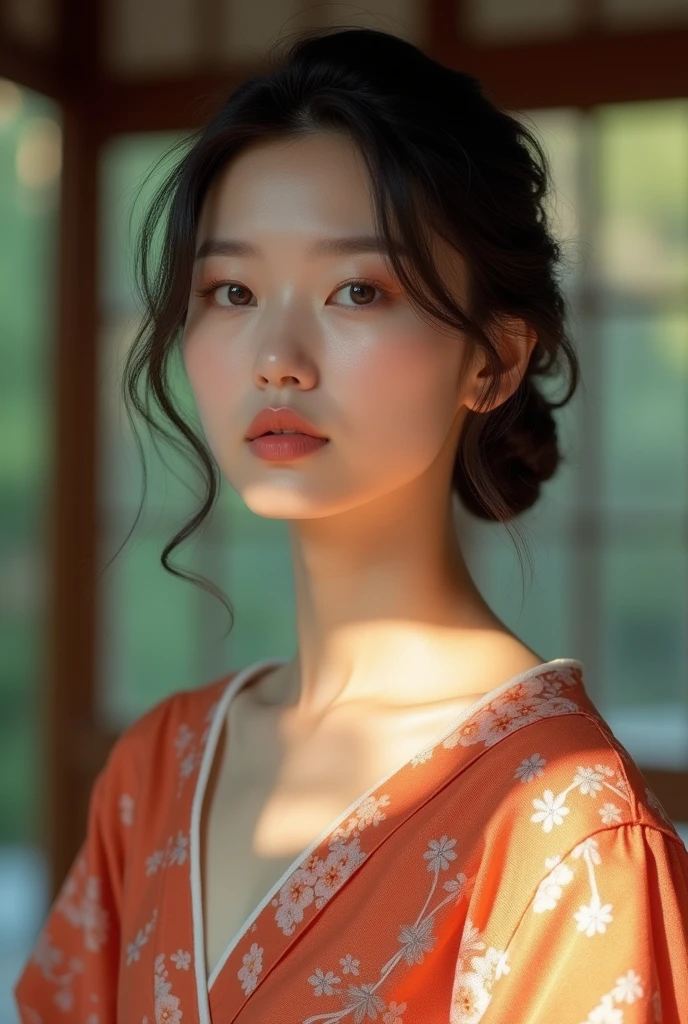 An elegantly dressed Japanese woman in natural light、A close-up of her chest and calm expression.、It shows her inner peace and outer charm.。