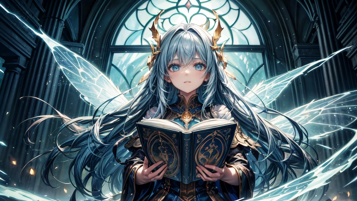 There is a fairy scene inside、Illuminated book with fairy lights around it, Art Book artwork, fantasy book illustration, fairy tale artwork, Magic book, Concept Art Magic Highlights, Art Book, Storybook Art, Complex and epic composition, Holy Fire Spell, Anime fantasy illustration, Anime Art Nouveau Space Display, Infinite Celestial Library, Magical atmosphere + masterpiece, Epic light novel art cover