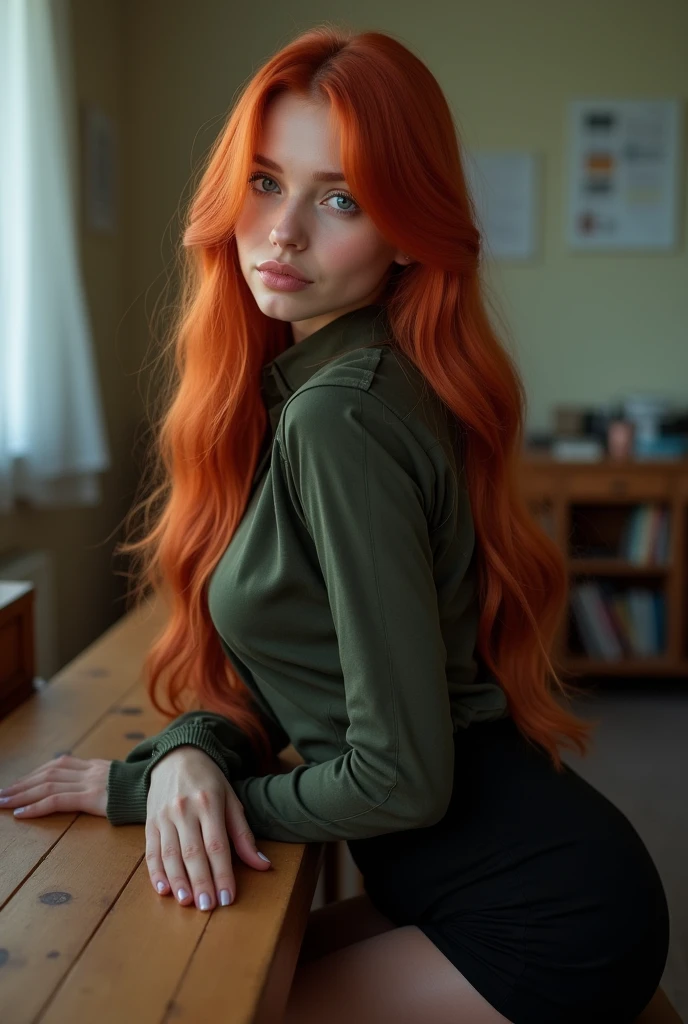 ((masterpiece, highest quality, Highest image quality, High resolution, photorealistic, Raw photo, 8K)), (full body shot:1) photorealistic image of a woman ultrarealistic, photography, long red hair, woman, 24 years old, hourglass figure, perfect body, seductive look, natural medium breasts, (Masterpiece, Professional lighting, 16k, 8k wallpaper, raw photo, photorealistic:1.8, ultra detailed, natural gentle lighting, detailed skin, detailed face, detailed eyes, textured skins, cinematic composition, detailed background:1.2 ), BIBC, (extremely beautiful face, cute face, attractive feminine body, sexual expression), black skirt and stockings leaning over a table, a hyperrealistic schoolgirl, cute schoolgirl, high school uniform, sat at her desk, wearing school uniform, wearing school uniform, on a desk, epic natural light