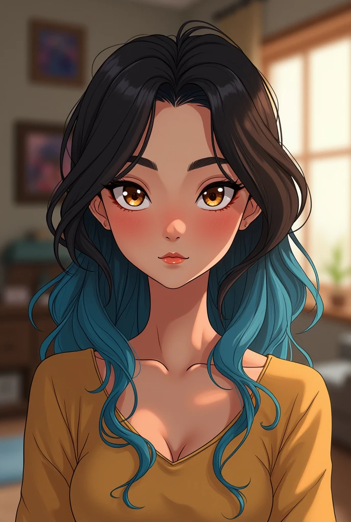 can you generate an 18 year old turkish girl who has dark brown and blue hair and brown eyes. she is at her home and taking a selfie. make it an illustration. draw it like it's from avatar the last airbender