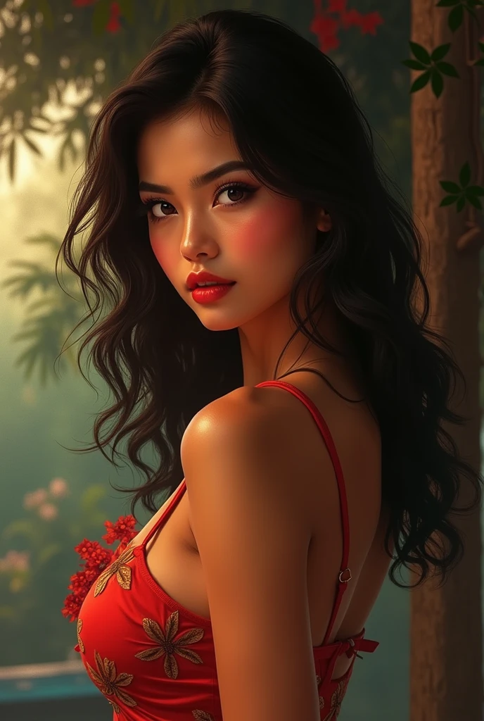 (Raw photo:1.2), (photorealism:1.2), a beautiful detailed korean woman under 30's, very detailed eyes and face,8k resolution, Best Quality, [masterpiece:1.6], Perfect body shape, [Big, heavy breast, D Cup: 1.9], erotic and voluptuous body, wearing bikini(red micro bikini:1.5), background (rain forest), 32k wall paper.

standing on red heels, modeling(sideways pose), feeling bit shy, full body photo, hands upward( fingers pointing to sky), at night.
