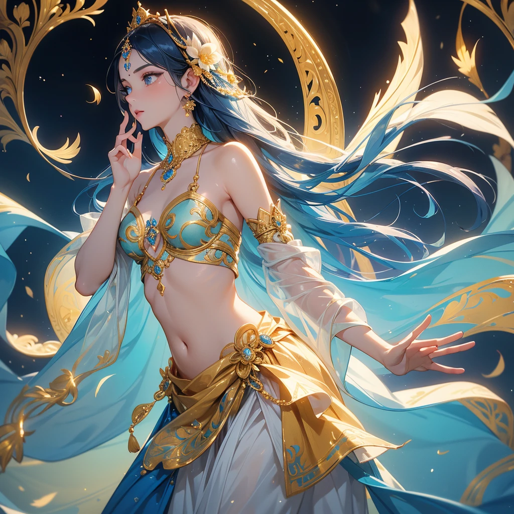 Design a captivating profile picture of Lord Krishna floating elegantly amidst an ethereal blue backdrop. He should be draped in a luxurious, richly embroidered dhoti with golden accents, and wear a sparkling crown adorned with jewels and a vibrant peacock feather. His deep blue skin should radiate a divine glow, while he plays a delicate flute. Surround him with softly glowing diyas that cast a warm, golden light, and incorporate subtle, swirling patterns or celestial motifs in the background to evoke a sense of mystical serenity and divine presence.
