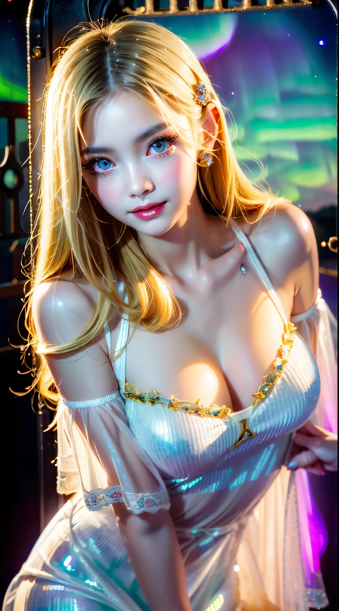 very cute, Blonde Hair, Big smile, One 20-year-old girl, 1. Goddess Athena, The beautiful, flawless face of the goddess Athena, delicate yellow nightgown, Lots of sexy black lace detailing、Long sheer sequined nightgown, A beautiful pale red silk half veil, Legends of female saints, Icons of female saints, Beautiful goddess-like glitter, Dark and mysterious version, Vermilion lips, Plump red lips, ((口をclose:0.9)), Complete teeth, Symmetrical incisors, Bright white teeth, ((Angry face:0.8)), delicate and beautiful pino detailing, delicate and beautiful lip detail, (Pure and perfect face: 1.9), Female Eucharist, Round Breasts, 大きくてRound Breasts, Phoenix Brooch, Long, flat bangs, Long black hair, Beautiful, clear face and well-proportioned eyes, (Pale pink eyes with transparent irises: 1.8), (Big round eyes and makeup, Sexy wet eye makeup, So beautiful、Careful hair and makeup, long and delicate blonde hair, delicate, Body image: 1.8), shape: Brilliant and, (The stars that make up the sky々: 1.7), (The Gate of Heaven and Imaginary Time and Space: 1.8), Imaginary art, RAW Photos, hanfu pictures, Best Photos, High resolution, 最high quality, Best Photos, Best Goddess Quality, 8k female, Super 8 Single Saint Portrait, The most true color scheme, masterpiece, Best Beauty Brands, Best Hair Jewelry, Brand real photo, Dark studio, Border Light, Two-tone lighting, (Rosy white skin: 1.4), (High skin detail: 1.1), 8k uhd, SLR, Soft Light, 8k, high quality, Frank, Smooth and sharp volume, 10x more pixels, Sexy Goddess, Sexy Goddess, (Background Space: 1.8), (The most beautiful aurora eye: 1.7), Beautiful Eyes, The aurora is beautiful and flower-like, (Beautiful single women: 1.8), (see here:0.8), close, Approaching the Goddess, Clear and unrealistic