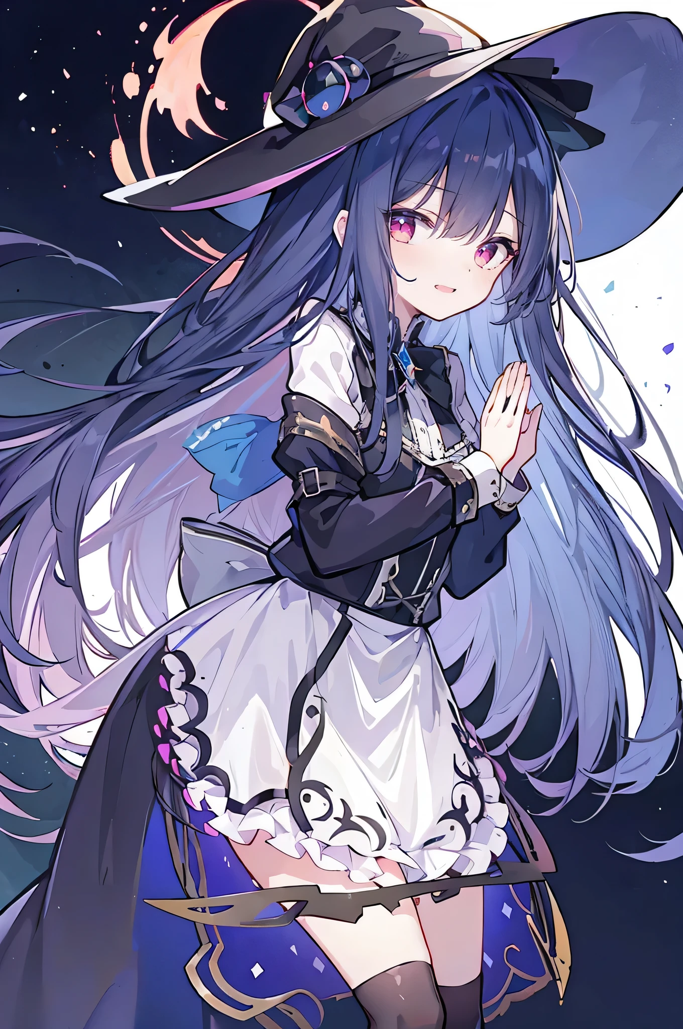 oung Girls,Humanity,A magician always smiles,big witch hat,cute,dark blue long hair,The eyes are dull,The bangs are heavy,Thin eyebrows,fantasy,intake,Double teeth,Star Theme,Constellation pattern,Solid color clothetal decoration,cloak,A bit of a dark atmosphere,A little crazy smile,When the big moon shines outside at night,blood,Hair black star embellishment,Short tie,No nails,High waist skirt,Bell sleeves,Long-sleeved shirt,Black tie,low risk,gentlemen。Mist、Yellow and white effect，Shocking pink as an accent color