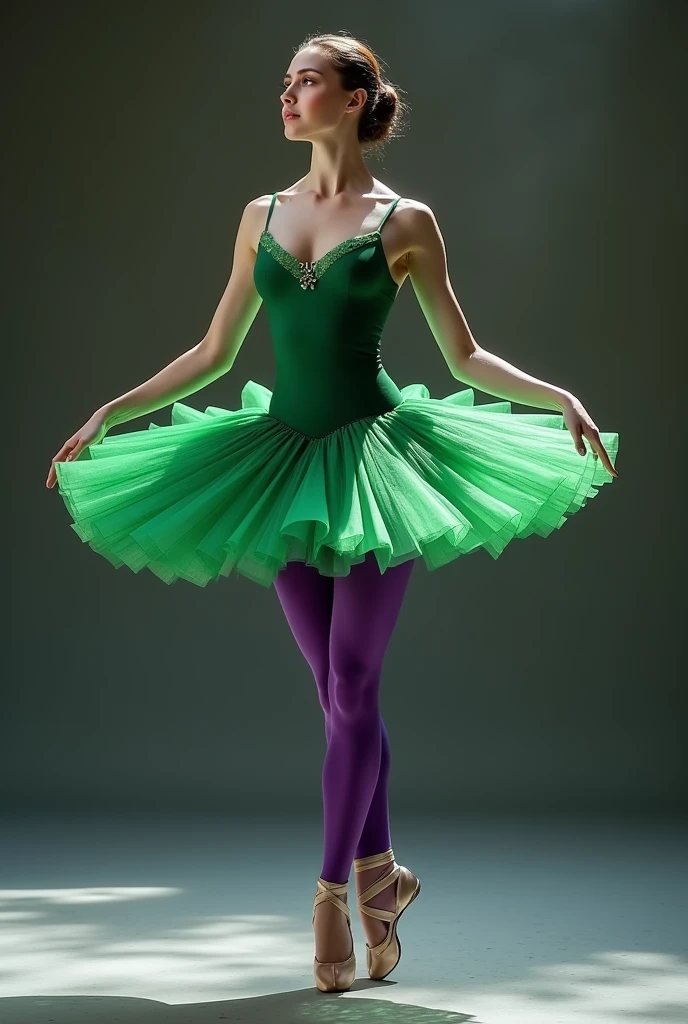 Balanchine style tutu (short tutu) green with purple tights . Green and violet are strong colors 