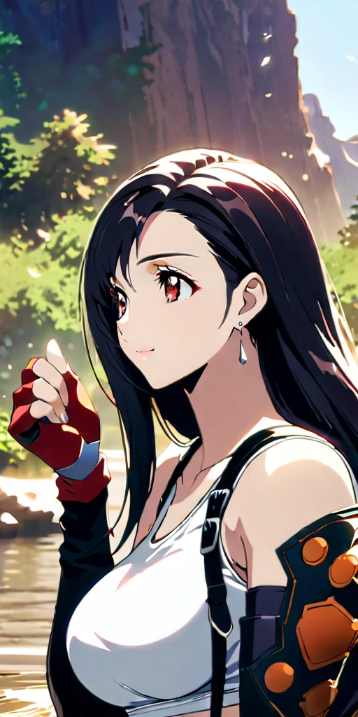 (((((tifa lockhart,Final Fantasy 7:1.5))))),((Highest quality、masterpiece、anime style、best quality、high resolution、8k、detailed、ultra-detailed:1.3))、Long legs:1.2, Beautiful woman with perfect figure:1.4、(Smiling:1.2), double eyelid、30-year-old female、((((One Woman,beautiful face,Beautiful face、Outdoor,upper body:1.5)))),Big Breasts、High resolution, accurate, Anatomically correct, High-resolution model, high quality, Very detailed, Ultra high definition、Black Hair、Straight Hair、Long Hair,Red open finger gloves,(Uplifting、action、contrapposto pose、dynamic、dynamicポーズ、dynamic motion:1.5)、(((((speed lines、action lines,movement,dynamism:1.0)))))、(water)
,effect