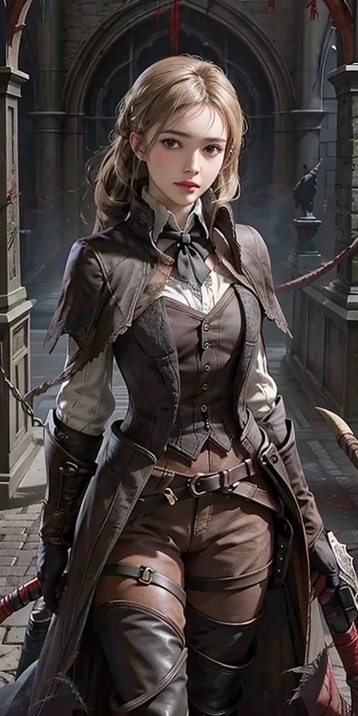 photorealistic, high resolution, soft light,1women, solo, hips up, look at viewer, (detailed face), bangs, edgBB, black gloves, belt, coat, torn clothes, capelet, red gloves gauntlets, vambraces, black capelet, hunter (bloodborne) woman wearing edgBB_outfit, outdoors, gothic architecture, jewelry, full body Forrest Fire Emblem twin drills blonde hair