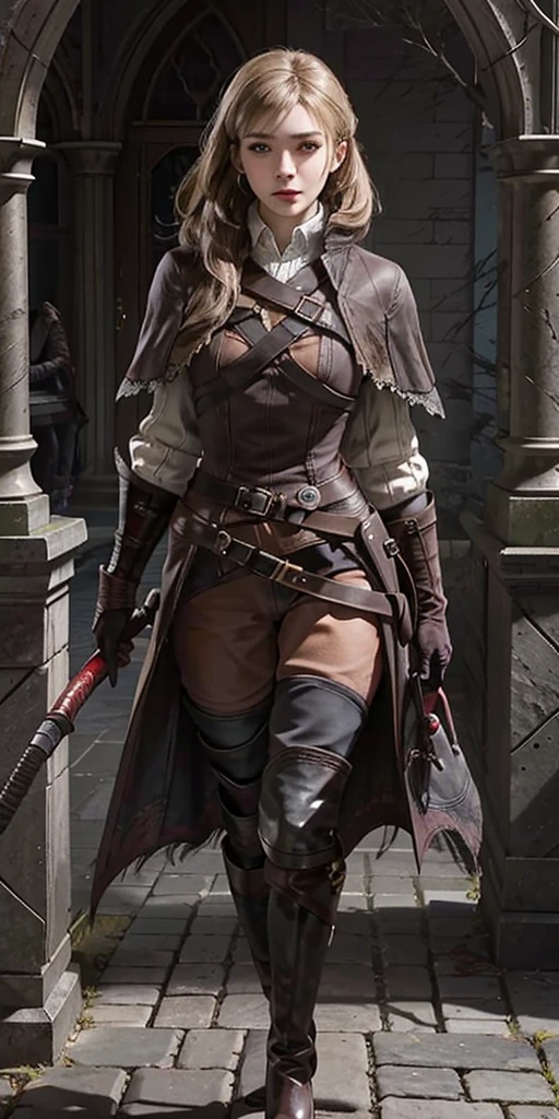 photorealistic, high resolution, soft light,1women, solo, hips up, look at viewer, (detailed face), bangs, edgBB, black gloves, belt, coat, torn clothes, capelet, red gloves gauntlets, vambraces, black capelet, hunter (bloodborne) woman wearing edgBB_outfit, outdoors, gothic architecture, jewelry, full body Forrest Fire Emblem twin drills blonde hair