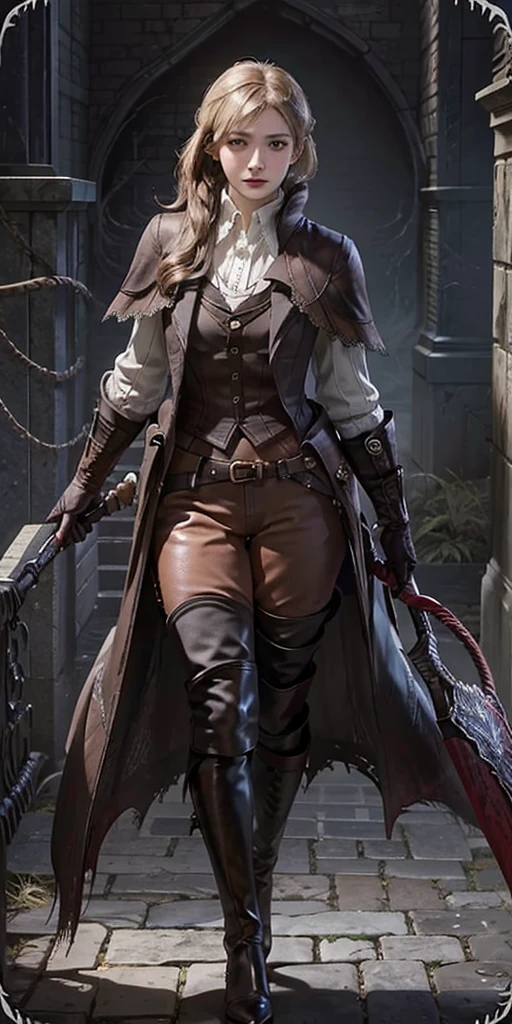 photorealistic, high resolution, soft light,1women, solo, hips up, look at viewer, (detailed face), bangs, edgBB, black gloves, belt, coat, torn clothes, capelet, red gloves gauntlets, vambraces, black capelet, hunter (bloodborne) woman wearing edgBB_outfit, outdoors, gothic architecture, jewelry, full body Forrest Fire Emblem twin drills blonde hair