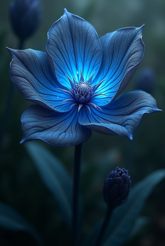a rare flower with petals that are dark gray and veined with bright blue, resembling a stormy sky