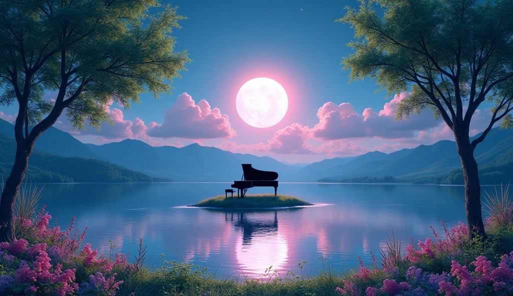 「Under the full moon、The green leaves of the trees are illuminated by the moonlight from both sides.、Scene of flowers blooming on the lake。The full moon and pink clouds are beautifully reflected in the lake.、Mountains in the distance々is seen as a silhouette。The overall scenery has a fantastic and romantic atmosphere.。A black grand piano sits on the island in the middle of the lake, illuminated by the moonlight.、Colorful flowers bloom on the shore