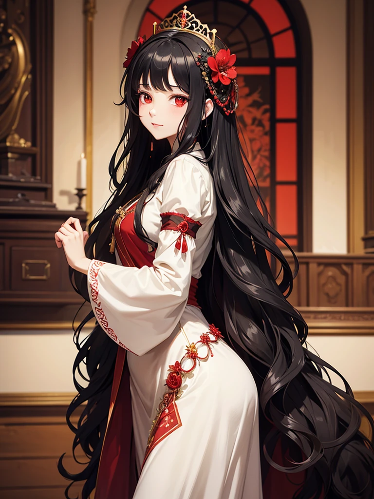 woman, red eyes, black long wavy hair, noble, wearing flower on her head. background in mansion. wearing flower decorations on the sides of her hair. wear fancy western dress. she is Princess