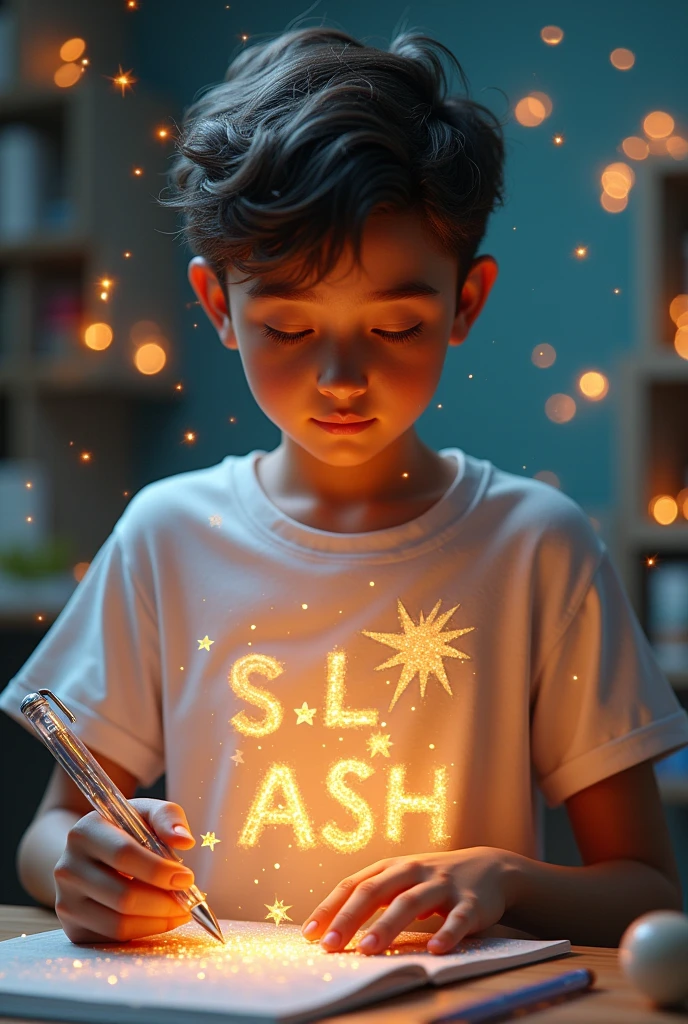 Fascinating, hyper-realistic 16K 3D figure captures a magical moment of pure creativity. Talented artists expertly depict heartfelt messages, "S,L, ASH", In a white T-shirt. The text is composed of Vibrant, Sepia-toned stars with smooth transitions across the spectrum. Artist's Hands, Holding a transparent pen filled with sparkling stars, Exquisitely detailed, Symbolizes limitless creativity and imagination. Background、A three-dimensional sketchbook setting scattered throughout, このFascinating作品に深みと立体感を加える, gameffiti-inspired scene. The figure radiates energy, Movement, and Vibrant colors, A true work of art that celebrates creativity and imagination.., game, Cinematic, Vibrant, gameffiti, Painting, typogamephy, product, figure, photograph, 3D Rendering, fashion, Dark fantasy