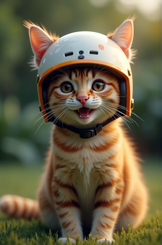 Create a real cat wearing a helmet and smiling 