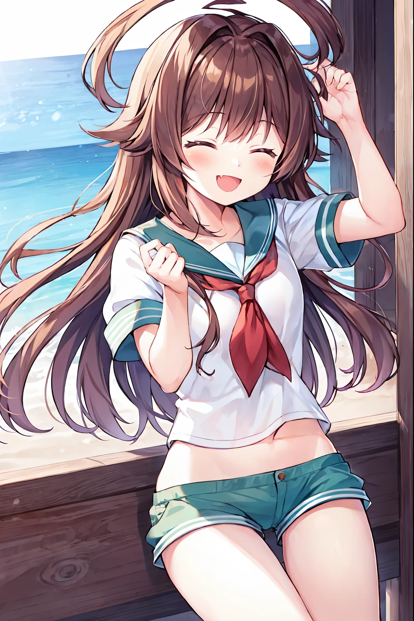 1young_teen_ girl,  brown_hair, long_hair, sailor_uniform,white_ baggy_shorts, short_sleeve, thighs, small_breasts, big_smile, open_mouth, fang, harbor_landscape_background, slightly_spread_legs, happiness, covered_crotch,ahoge,XD,exciting_posing,closed_eyes