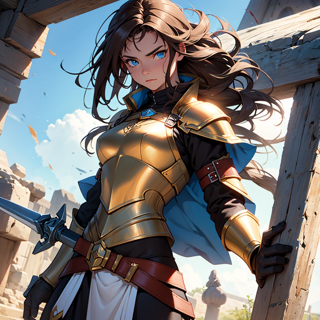 She who has her divine armor, with his spear and his war shield for combat, with her brown hair and her blue eyes.
